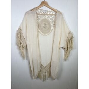 Rebellion Again Kimono Robe Womens Medium Cream Crochet Cover Boho Beach Hippie